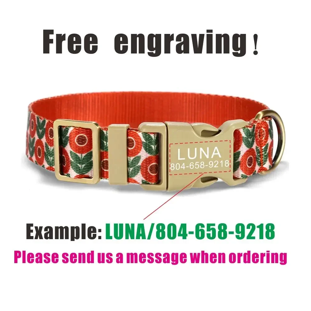 Collar de perro personalizado con grabado gratuito, correa para mascotas a juego, hebilla de contactos personalizados, Collar para mascotas de gato con flores rojas - imagen 4