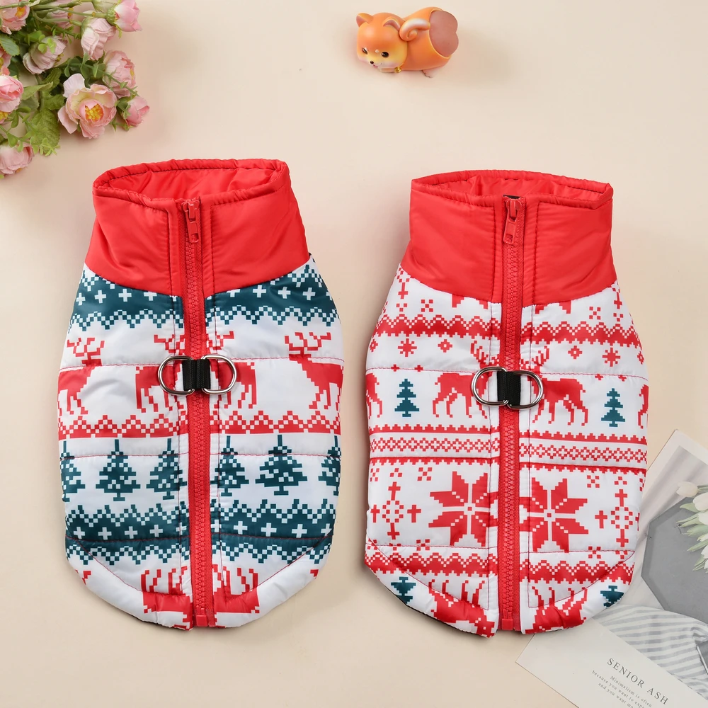 Chaqueta de invierno para perros, disfraz de Navidad para perros pequeños y medianos, abrigo divertido con estampado de ciervos navideños para cachorros con anillo en D Chihuahua - imagen 2