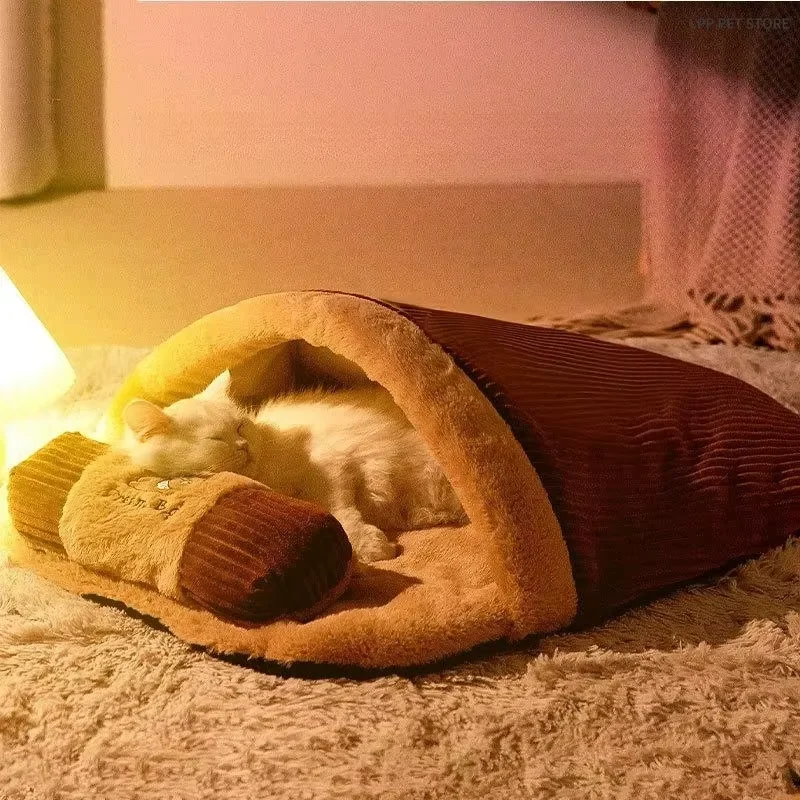 Cama para gatos, saco de dormir para mascotas medio cerrado, extraíble, cálido, para invierno, cama para perros, cojín nido para gatos con almohada - imagen 3