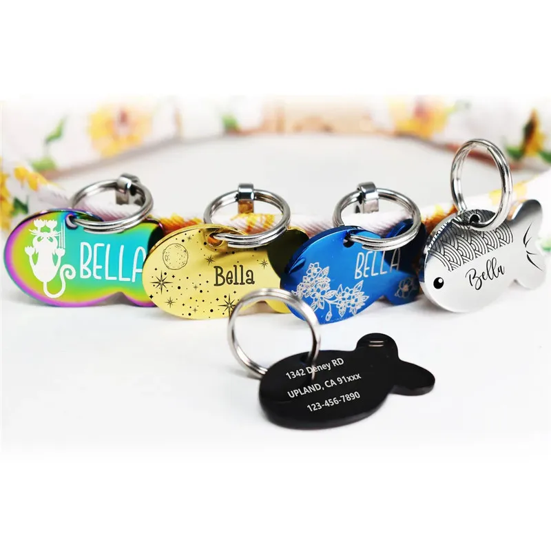 Etiqueta de identificación de gato grabada personalizada, placa de identificación de gatito con forma de pez, antipérdida, Collar de gato, accesorios para mascotas