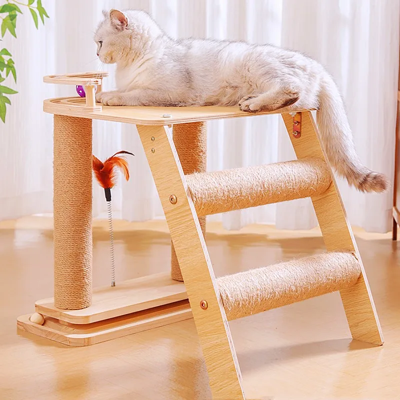 Marco de escalada para gatos, rascadores de madera para gatos, columna para saltar, rascador para gatos con juguetes de plumas, muebles para mascotas