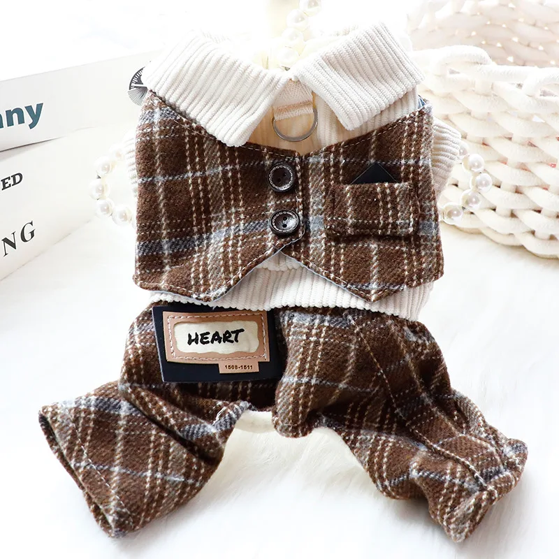 Ropa para perros, ropa de otoño e invierno, ropa gruesa británica de cuatro patas, ropa acolchada de algodón a cuadros, suministros para mascotas para perros pequeños - imagen 3