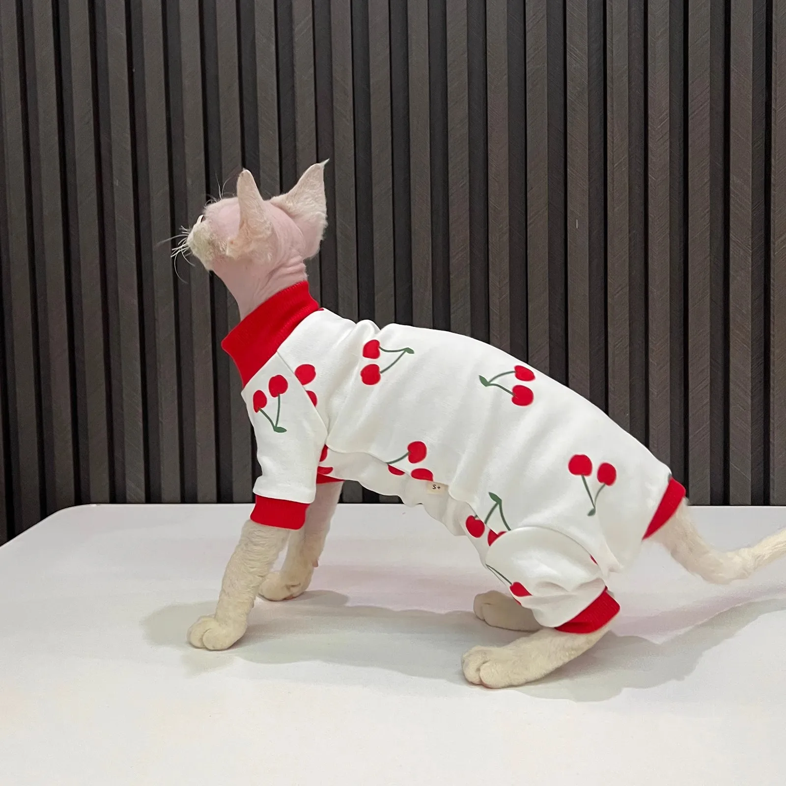 Primavera otoño ropa de gato para gatos estampado de cereza Sphynx mono de gato sin pelo cuello alto cobertura completa pijamas de gato gatito Onesies - imagen 3