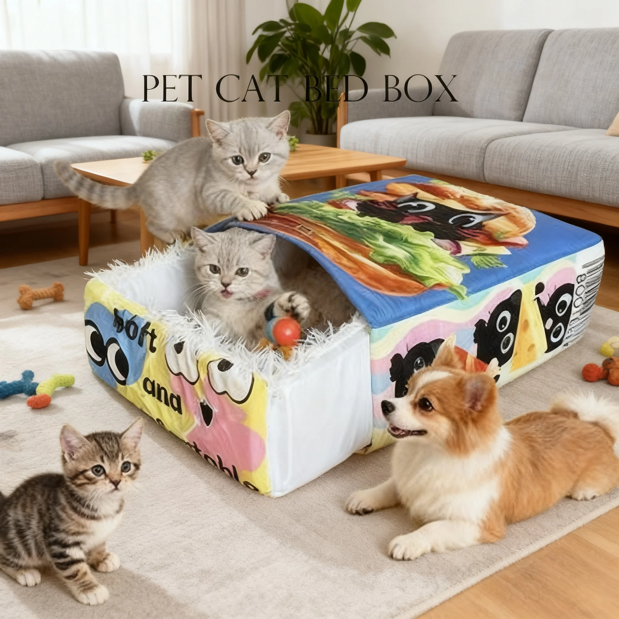 BOOTEELY-cama de felpa de gato negro con hamburguesa de dibujos animados, nido para mascotas acogedor y espacioso, diseño de caja de aperitivos, descanso cómodo para gatos