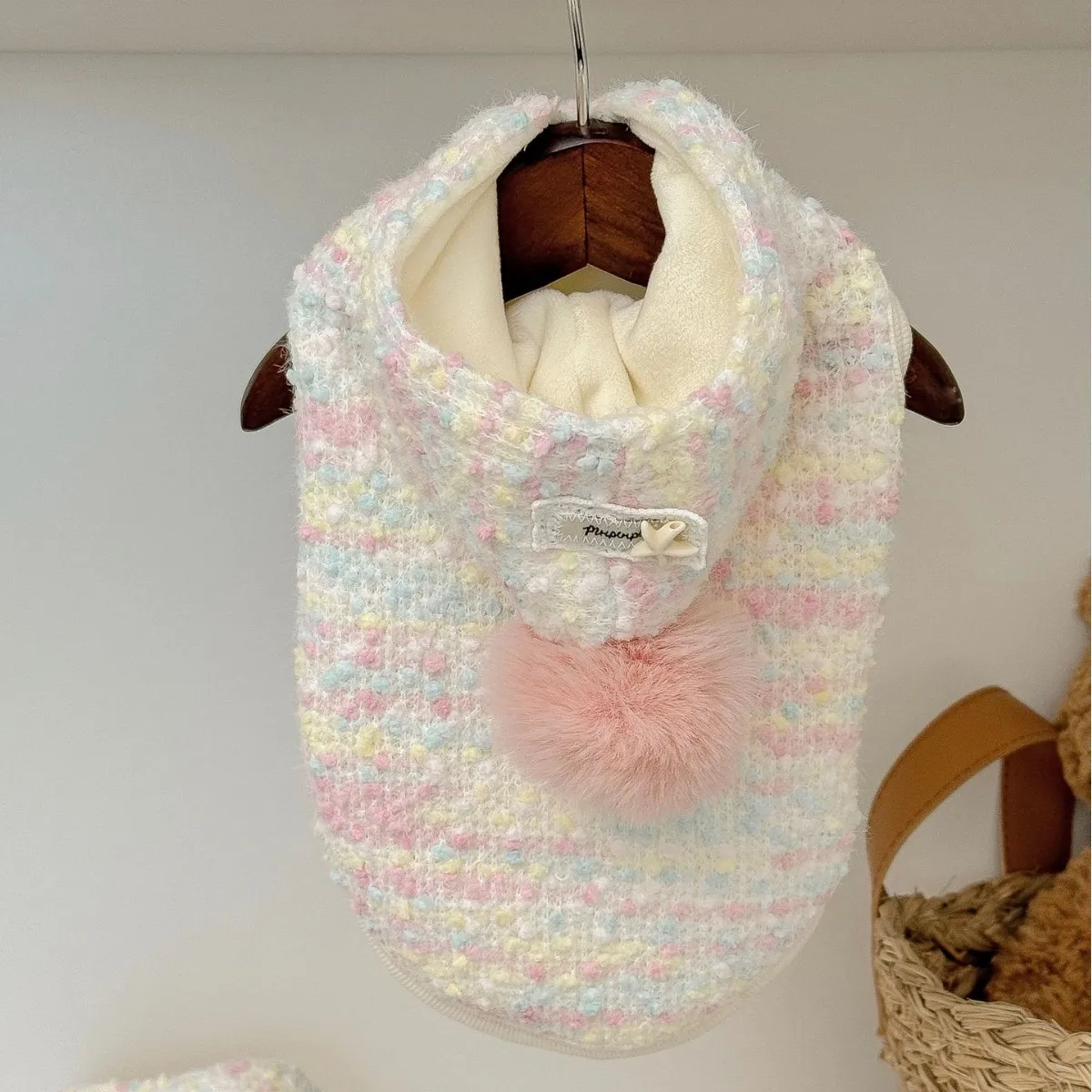 Sudadera con capucha de punto con bolas de lana para mascotas, chaqueta de peluche cálida para invierno, ropa para cachorros, ropa para perros pequeños, otoño e invierno