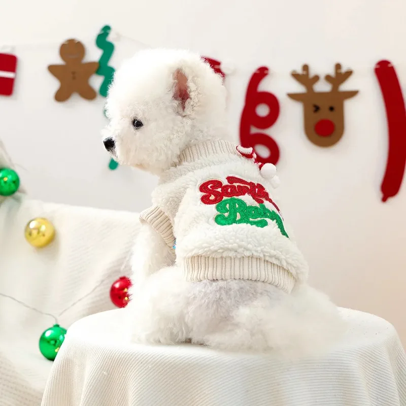 Ropa navideña de felpa para mascotas, Sudadera con capucha para Festival de invierno, abrigo informal de cuello alto con bonito gatito, ropa navideña de terciopelo para perros - imagen 2