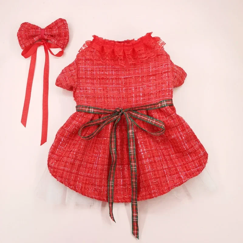 Falda de abrigo para mascotas, ropa para mascotas, vestido rojo de Navidad, falda de gasa de doble capa, cortavientos, pajarita para gatos, ropa para perros de diseñador - imagen 3
