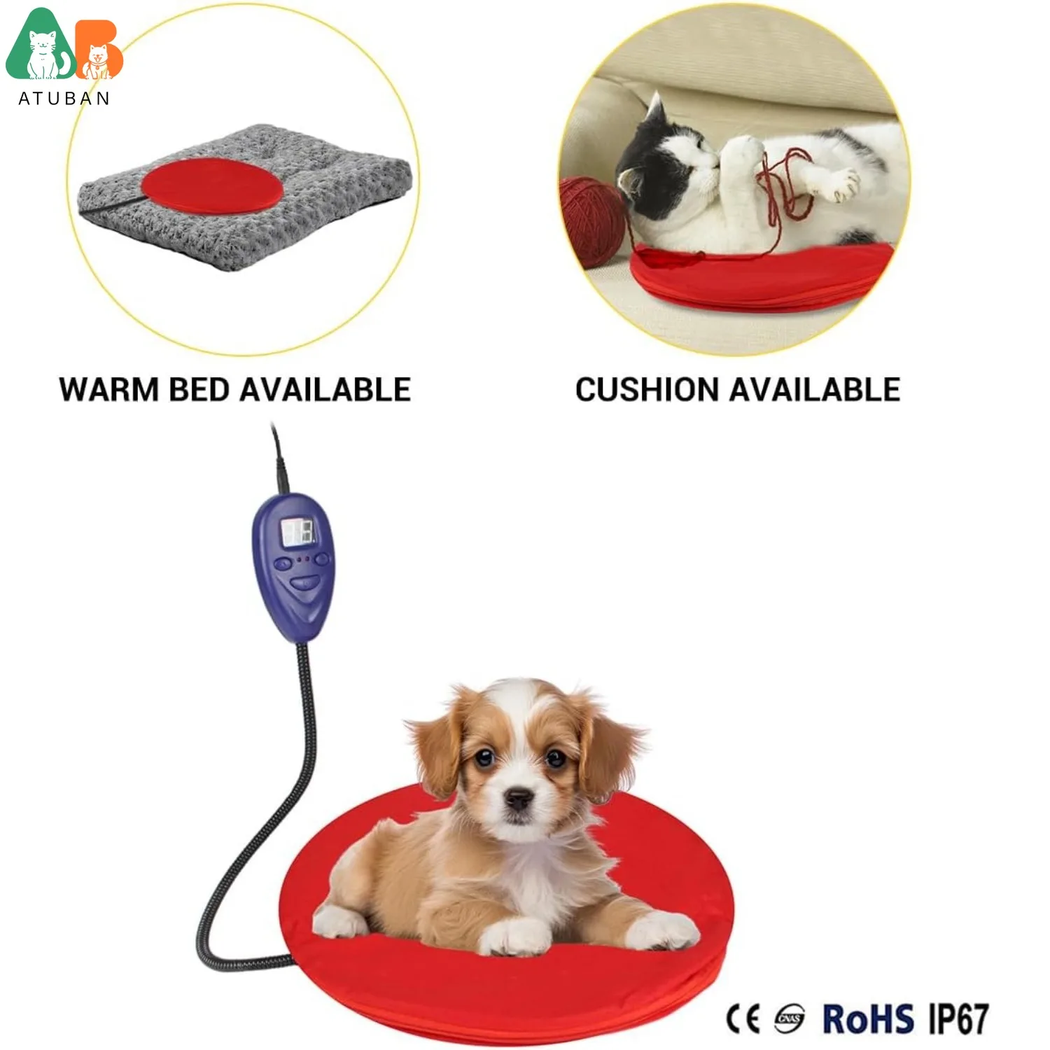 ATUBAN Almohadilla calefactora para gatos Perros pequeños Cama calefactora para perros Cama calefactora redonda para árboles de gatos Almohadilla calefactora para conejos, temperatura ajustable - imagen 4