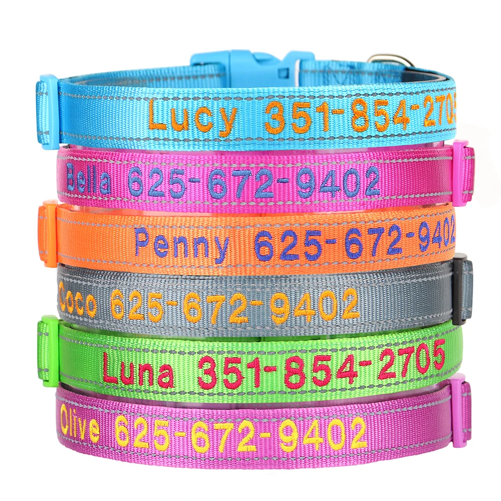 Collar de perro de nailon bordado, Collar de perro personalizado gratis, nombre de identificación de mascota reflectante, número de teléfono. Para perros pequeños, medianos y grandes Pug ajustable - imagen 2