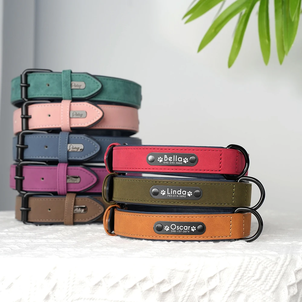 Collar de perro de cuero PU personalizado, collares para perros acolchados suaves con nombre grabado, Collar duradero con pata para perros pequeños, medianos y grandes