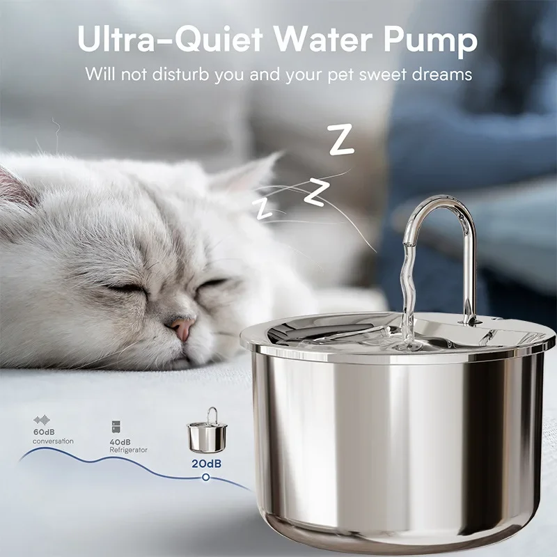 Dispensador de agua para gatos de acero inoxidable de 2L, fuente de agua automática para mascotas, USB silencioso para gatos, perros, bebedero inteligente - imagen 4