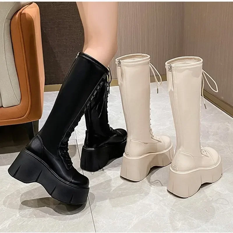 Botas de media caña con cordones para Mujer, botines suaves con cremallera, tacón de plataforma, estilo Chelsea, Invierno - imagen 5