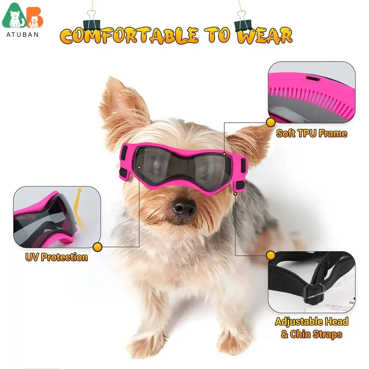 ATUBAN Gafas para perros de raza pequeña Gafas de sol para perros Gafas de sol UV para perros Marco suave a prueba de viento Correas ajustables para perros pequeños Cachorro