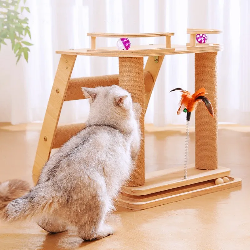 Marco de escalada para gatos, rascadores de madera para gatos, columna para saltar, rascador para gatos con juguetes de plumas, muebles para mascotas - imagen 3