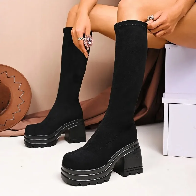 Botas de mujer con punta cuadrada de talla grande, parte inferior gruesa, estilo británico, tubo largo, botas de caballero de tacón alto para otoño e invierno, Color puro para adultos