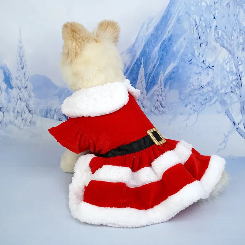 Traje festivo para mascotas para perros pequeños y medianos Vestido navideño de terciopelo para perros con cuello peludo, - imagen 4
