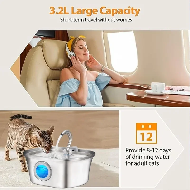 Fuente de agua para gatos con ventana de nivel de agua, fuente para perros con forma de barco de acero inoxidable de 3,2 L, dispensador de agua para mascotas, productos para gatos - imagen 2