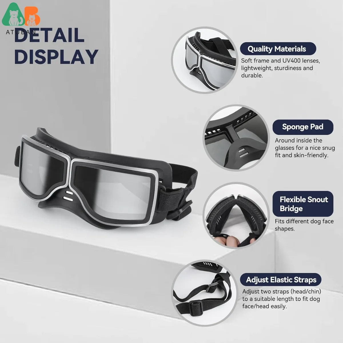 ATUBAN Gafas para perros, salchicha ancha, gafas de sol anti-UV para perros, protección ocular antiniebla a prueba de viento para perros, gafas para conducir para perros grandes - imagen 4