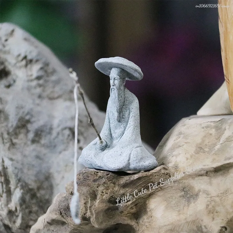 Decoración de pecera, piedra arenisca de pesca sentada, adorno Vintage, Mini estatua de pescador, decoración asiática para habitación Zen, 1 ud. - imagen 3