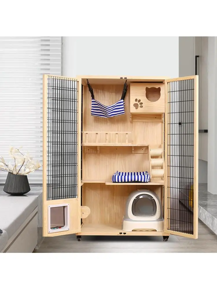 Villa de lujo de madera maciza para gatos, casa para gatos interior de doble capa, jaula de espacio grande con cómoda zona de estar para gatos - imagen 2