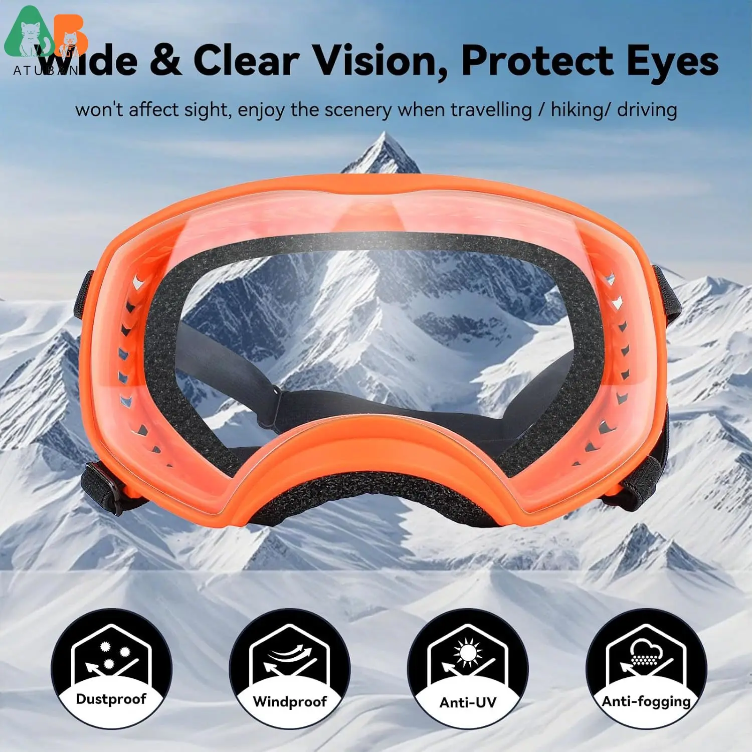 ATUBAN Gafas para Perros, Gafas de Sol Claras para Perros Rango Medio Grande Vista amplia Protección para los Ojos de Perro Correas Ajustables para Conducción Senderismo - imagen 3
