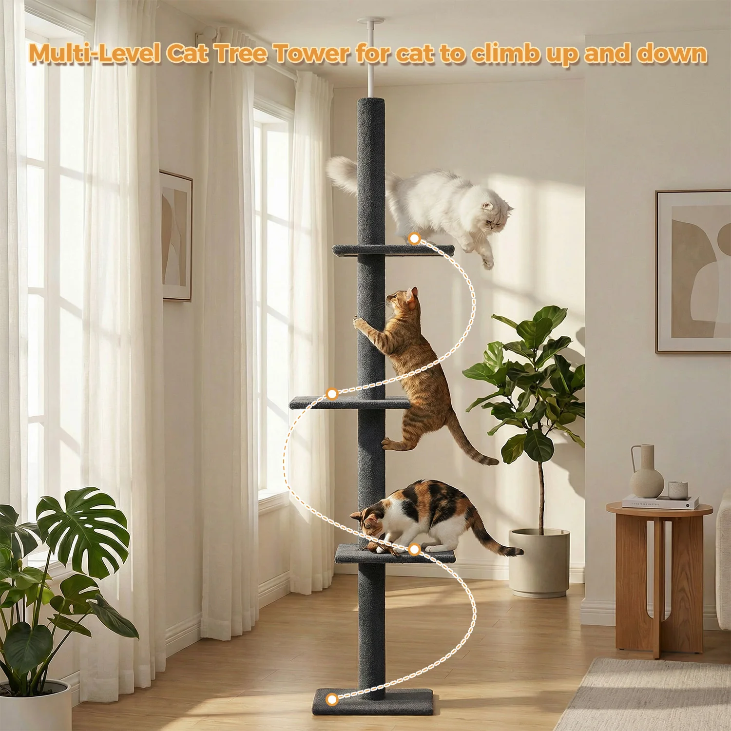 Árbol para gatos alto ajustable 228-273 cm, 4 postes y 3 plataformas - imagen 3