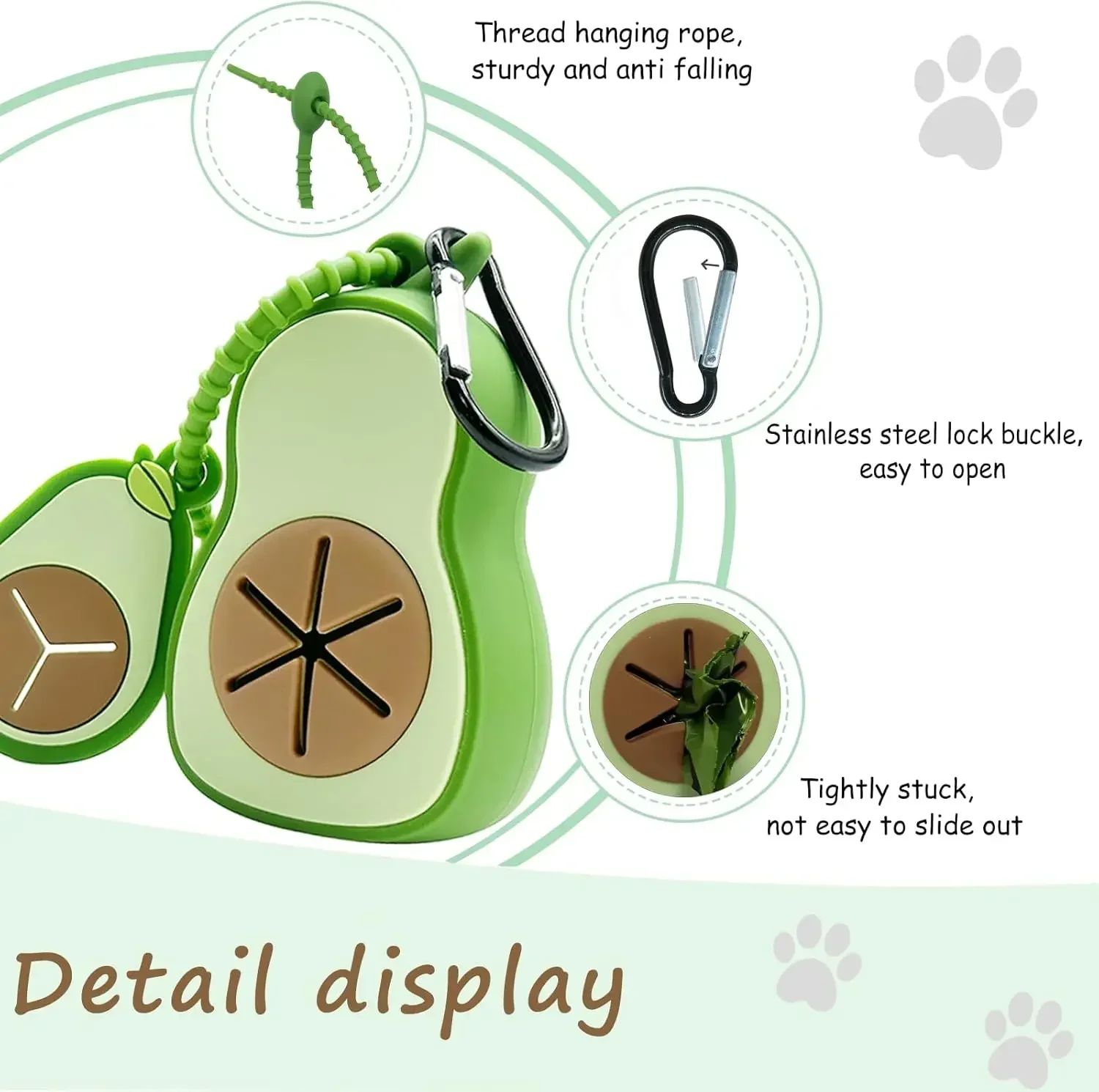 Dispensador de bolsas de basura para perros de aguacate, lindo soporte para bolsas de caca, herramienta portátil para recoger caca de mascotas, dispensador de bolsas para elementos esenciales para caminar en perros - imagen 3
