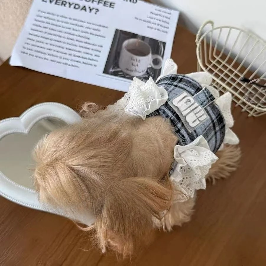 Vestido con tirantes a cuadros de encaje con forma de seta para mascotas, chaleco de tracción para mascotas, vestido con tirantes para perros pequeños, ropa para cachorros - imagen 4