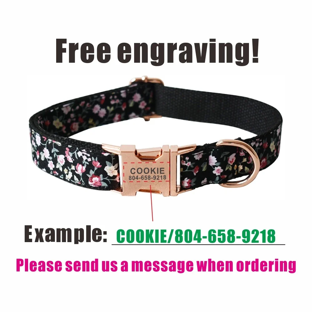 Collar personalizado con flor negra para mascotas, etiqueta de identificación para cachorros y gatos, nombre personalizado ajustable, hebilla de oro rosa, correa básica naranja para perros - imagen 4