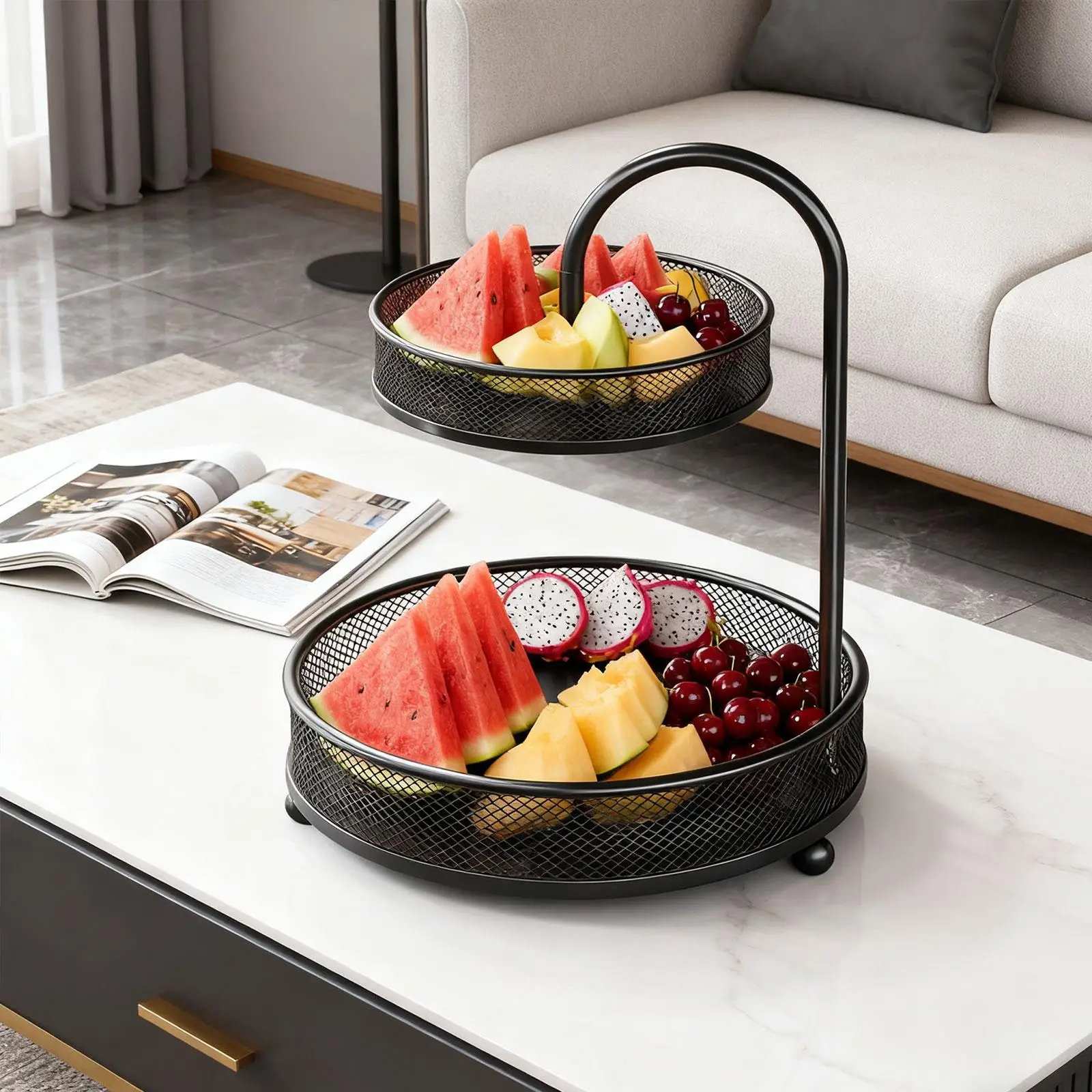 Cesta de frutas, frutero antideslizante de 2 niveles, soporte de almacenamiento, cesta de verduras, cuenco para cocina, encimera de verduras, sala de estar