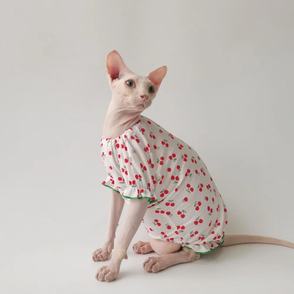 Vestido de verano para gata hembra con estampado de cereza y piña, falda de algodón transpirable con bordes en contraste, hecho a medida para gatos Sphynx sin pelo. - imagen 4