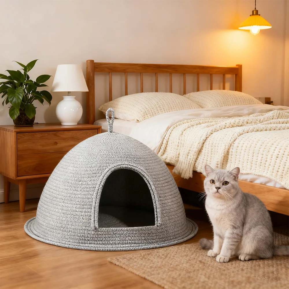 Cabaña para gatos estilo yurta mongol, cama suave y cálida para gatos de interior, gatitos, diseño semicerrado para gatos, siesta y descansar diariamente