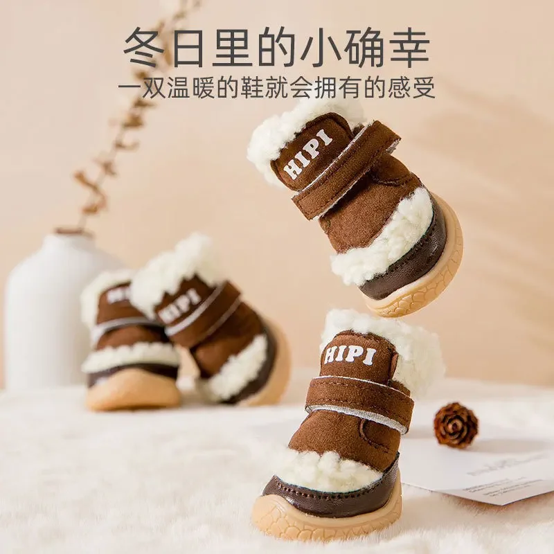 Mascotas de invierno de lana de cordero para perros, 4 paquetes de zapatos de algodón, cubierta cálida para pies de perros pequeños, zapatos antideslizantes - imagen 2