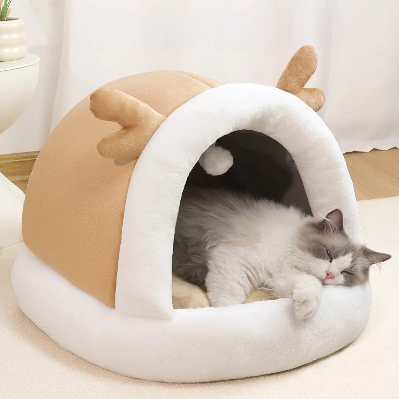 Cómodo nido cerrado para gatos, cama para dormir de felpa suave para perros pequeños, gatos, casa cálida para gatos, cómoda cueva para gatos, acceso para gatos - imagen 4
