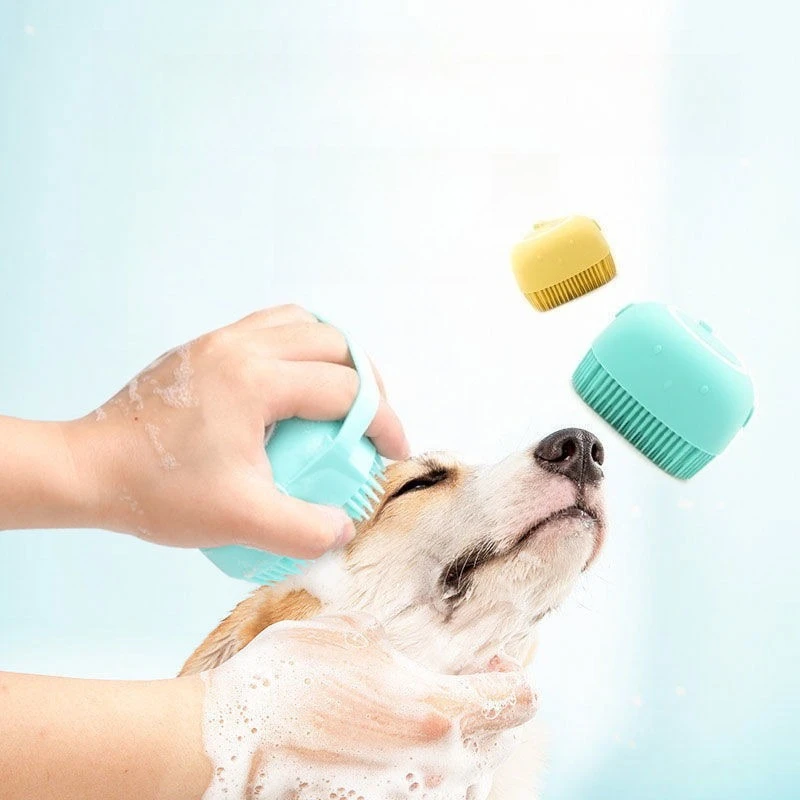 Cepillo de ducha para mascotas con dispensador de champú, cepillo de baño de masaje de silicona suave para mascotas, herramienta de limpieza de aseo con aplicador de Gel - imagen 2