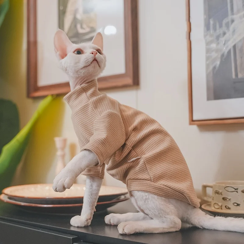 Camiseta interior de rayas de manga larga para gatitos en otoño Abrigo de algodón cálido y grueso para gato sin pelo Mono suave para Devon Rex en invierno Sudadera suave para gato esfinge en primavera - imagen 3