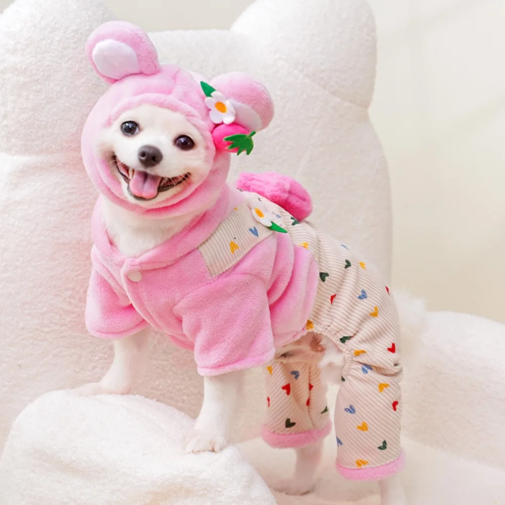 Pink Bear Costume Winter Clothes for Small Dogs Soft Flannel Heart Print Pet Cat Overalls Breathable Four Legs Maltese Clothing - imagen 3