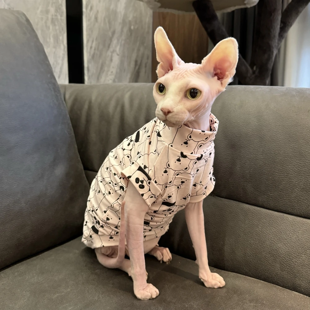 Ropa de gato Sphynx Verano Primavera Rosa Claro Manga Corta Camisa De Algodón Para Gatitos Perros Abrigo Panda De Dibujos Animados Para Devon Rex Cosas - imagen 3