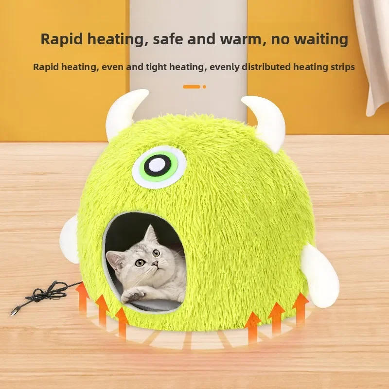 Control de temperatura USB de 3 velocidades, cama para mascotas con calefacción termostática 3D para gatos/perros, forma de piña/monstruo, estera lavable extraíble