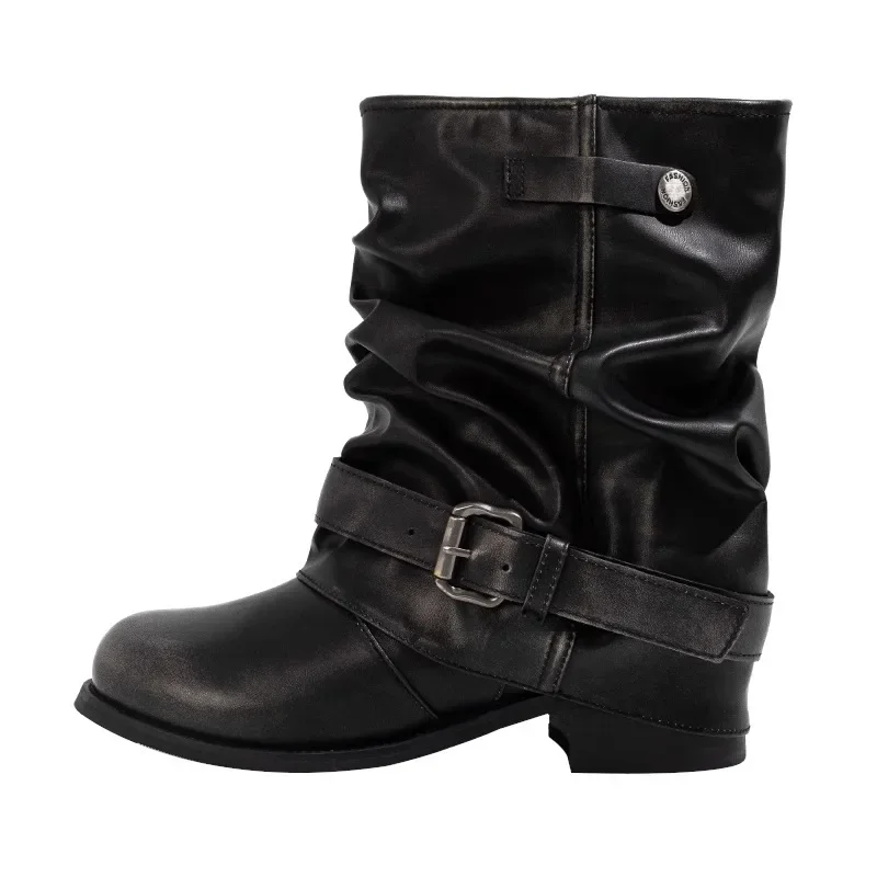 Botas cortas plegadas cómodas para mujer, botines de tubo ancho, Material de poliuretano a la moda, punta cuadrada, suela de goma - imagen 5