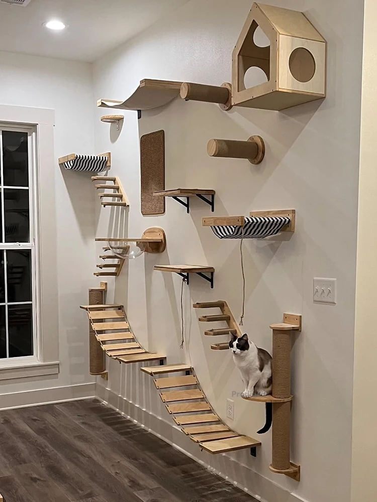 Estante de escalada para gatos montado en la pared, muebles de pared, escalera con cuerda de Sisal, poste rascador, árbol para gatos, gatitos, durmiendo - imagen 2