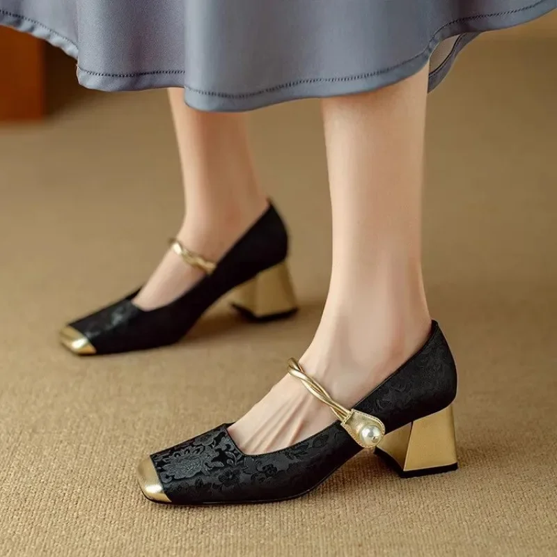 Zapatos de tacón con punta cuadrada para mujer, zapatos de tacón grueso informales para exteriores, colores mezclados poco profundos, para oficina, Cheongsam, otoño - imagen 4