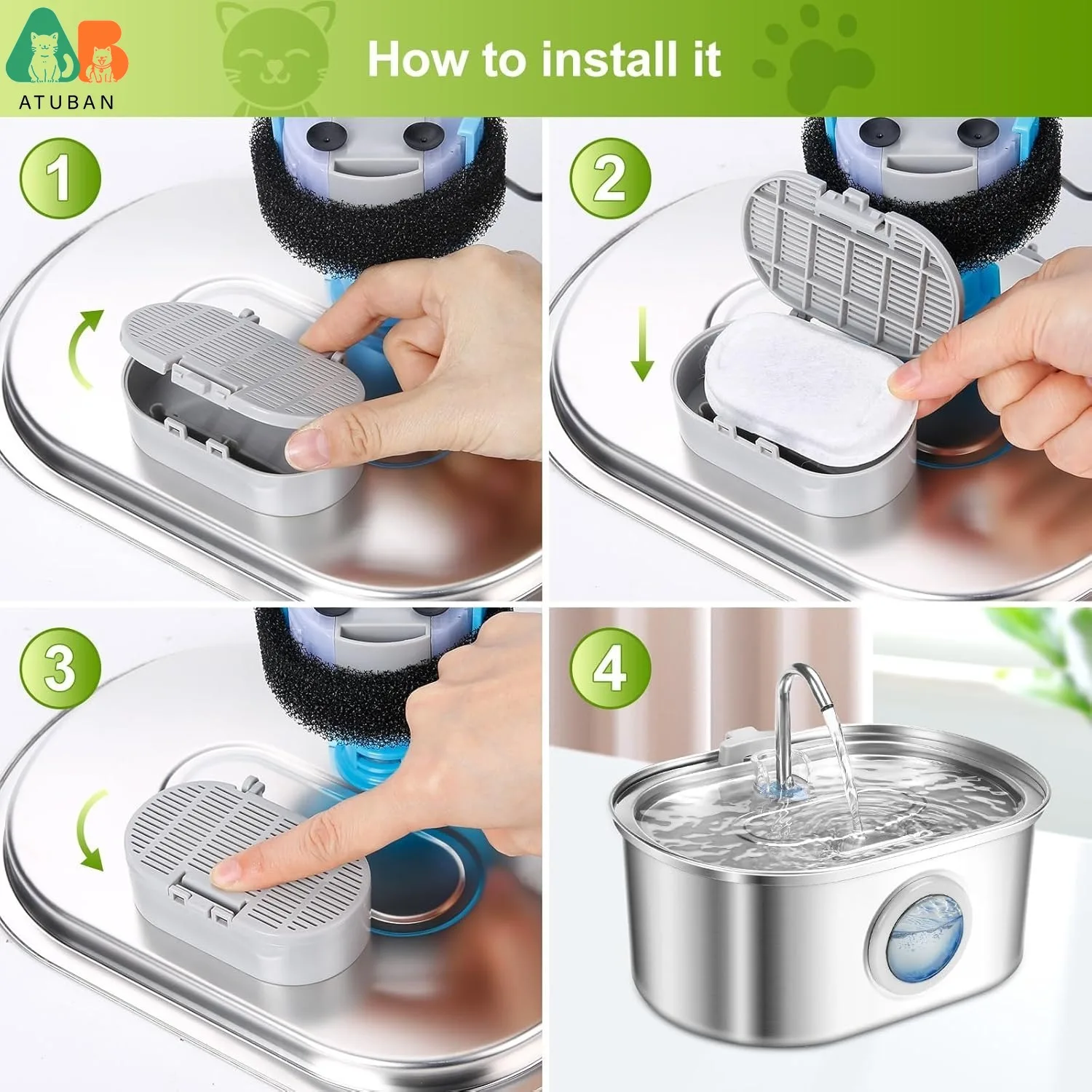 ATUBAN Filtros para fuente de agua para gatos, filtros de repuesto y esponjas de prefiltro para fuente para mascotas de acero inoxidable de 3,2 L/108 Oz y 67 oz/2 L - imagen 4