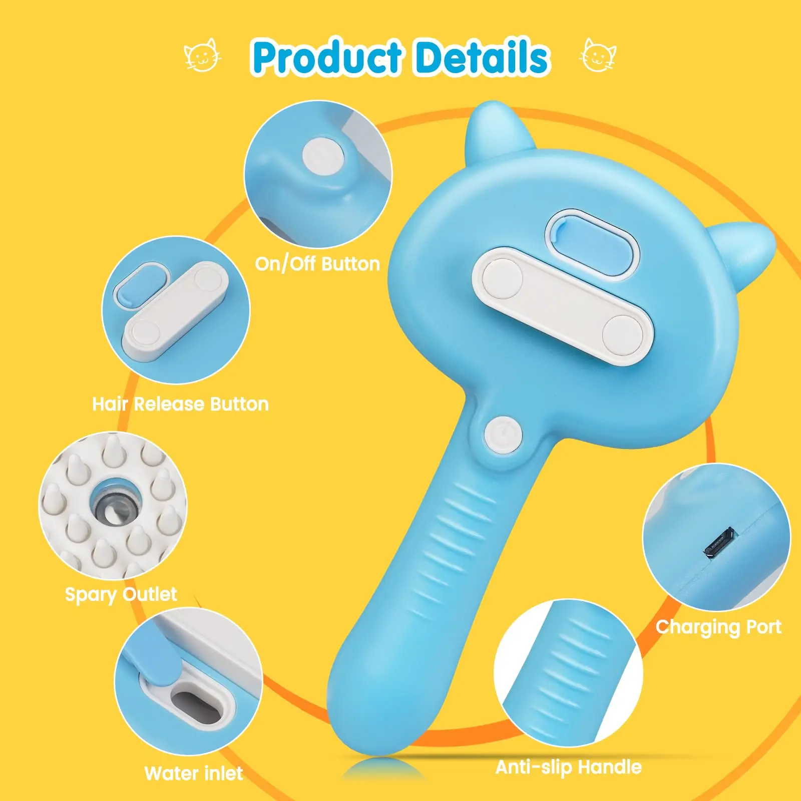 Cepillo de vapor para gatos 3 en 1, herramienta de aseo para el pelo de mascotas, suministro para compartir con botón de liberación de cerdas de silicona suave para gatos de pelo corto - imagen 2