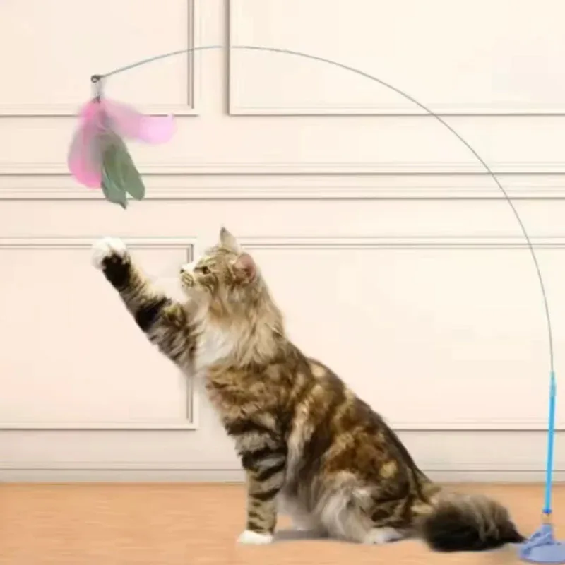 Varita de plumas para gatos con campana, juguete interactivo con ventosa para gatitos y gatos, accesorios divertidos para jugar a Enga - imagen 3