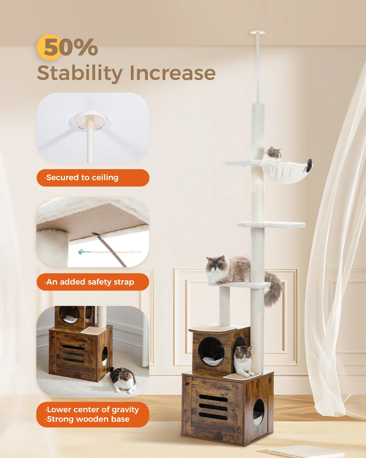Árbol para gatos alto y ajustable de H230-280CM, torre para gatos de piso a techo con gabinete grande, poste para rascar de Sisal interior - imagen 2