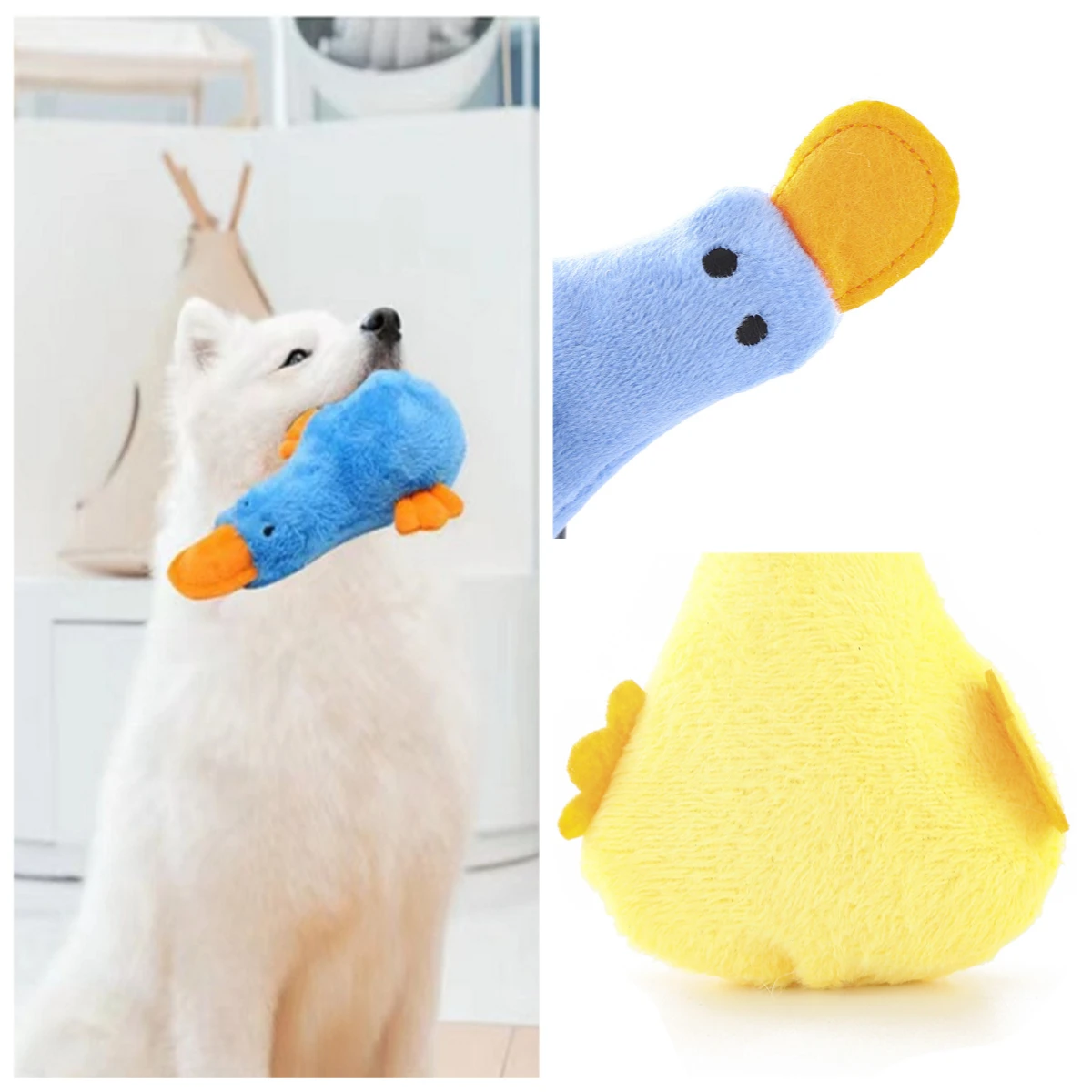 Juguete para perros con forma de pato de peluche chirriante, juguete para masticar resistente a mordeduras con sonido, juguete interactivo para moler dientes para perros, lindos suministros para mascotas