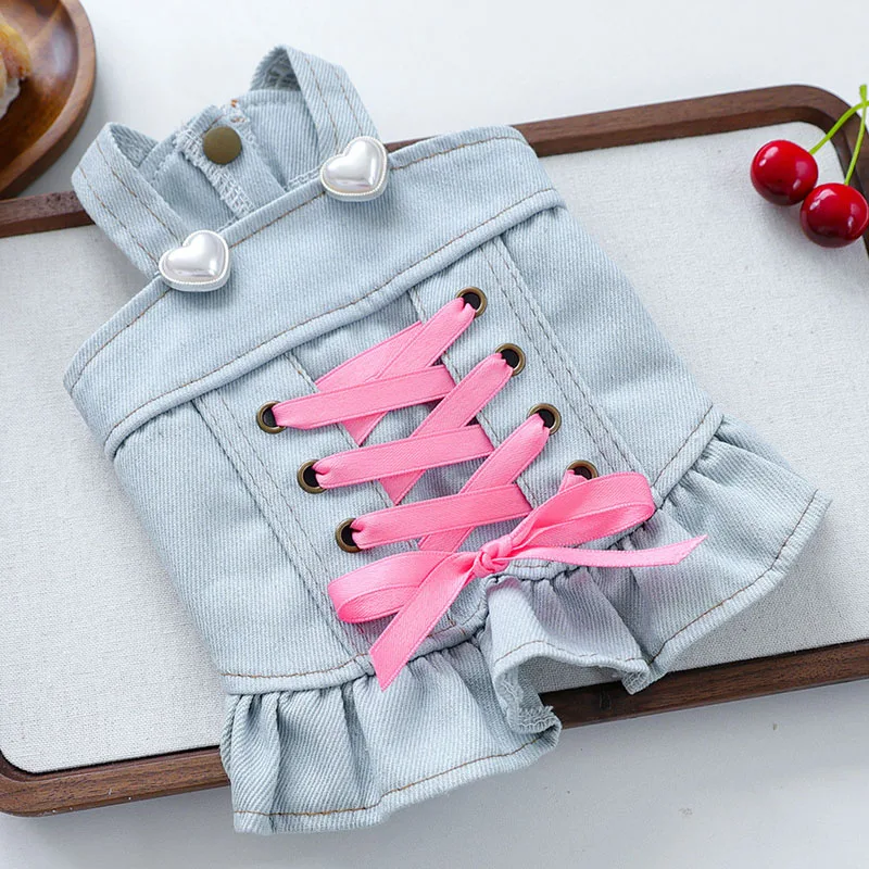 Ropa de lujo para perros, vestidos de tirantes vaqueros para niñas, color azul claro, para perros pequeños, Yorkie, Chihuahua, disfraz para mascotas, cachorro, vestido femenino, falda XS - imagen 2