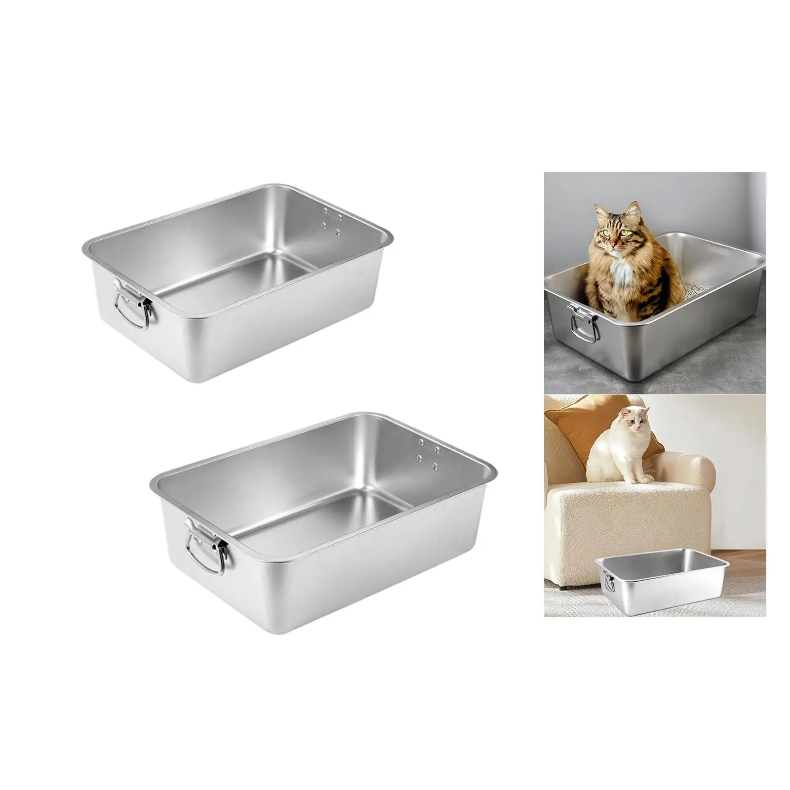 Caja de arena para gatos de acero inoxidable con asas – Limpieza fácil - imagen 2