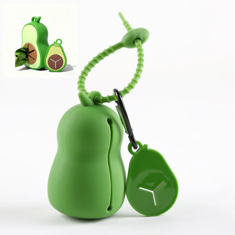 Dispensador de bolsas de basura para perros de aguacate, lindo soporte para bolsas de caca, herramienta portátil para recoger caca de mascotas, dispensador de bolsas para elementos esenciales para caminar en perros